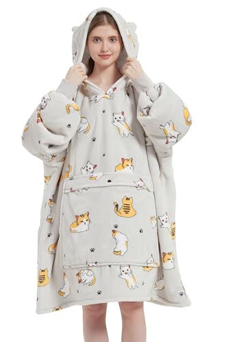 VERTAST Übergroße Hoodie Decken Sweatshirt, Super Warmer Dicke Sherpa Deckenpullover Blanket Hoodie Kuschelpullover für Damen Herren, Graue Katze von VERTAST