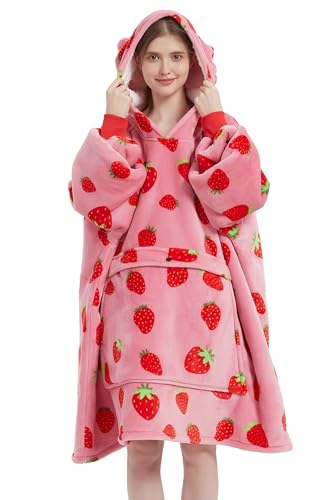 VERTAST Übergroße Hoodie Decken Sweatshirt, Super Warmer Dicke Sherpa Deckenpullover Blanket Hoodie Kuschelpullover für Damen Herren, Rosa Erdbeere von VERTAST