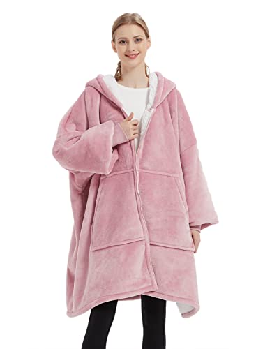 VERTAST Übergroße Hoodie Sweatshirt mit Reißverschluss, Warmer Kuschelpullover Decken Blanket Hoodie, Weicher Sherpa Deckenpullover Sweatshirt, Pulli Decke für Damen Herren, Blasses Rosa von VERTAST