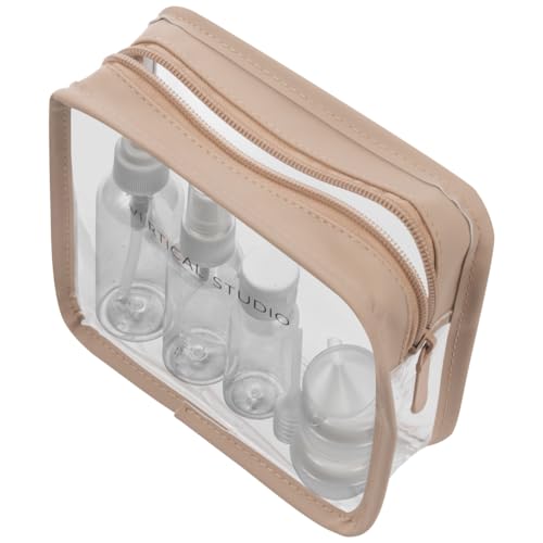 VERTICAL STUDIO Terråk Kosmetiktasche mit Reiseflaschen, bestehend aus Sprühflasche, Kosmetikflasche, Pumpflasche, Zwei Döschen, Trichter, Löffel und Ausgießer (beige) von VERTICAL STUDIO