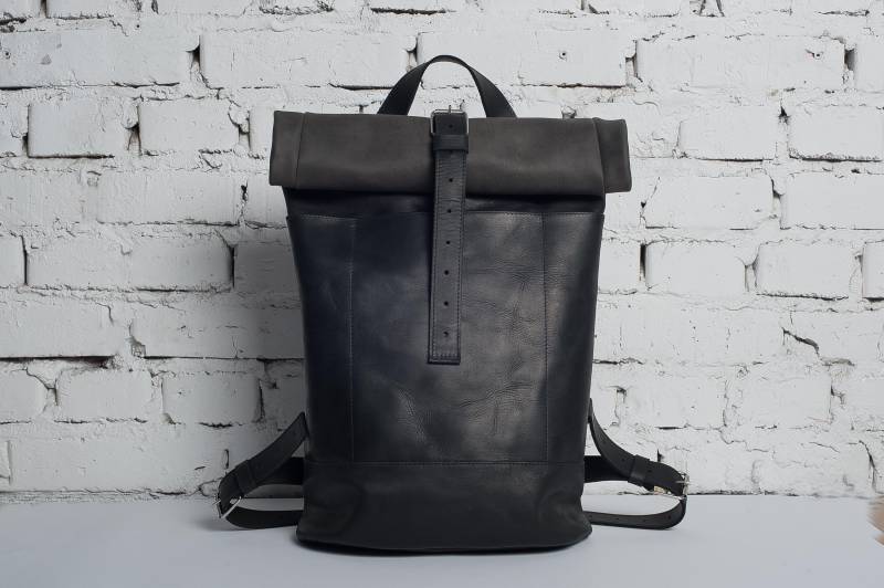 Schwarzer Lederrucksack Herren/Roll Top Rucksack, Großer Reiserucksack Geldbeutel, Laptop Seesack, Damen Geschenk Für Ihn von VERTLAG