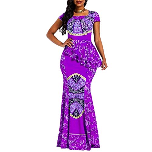 VERWIN Afrikanisches Kleid mit Flügelärmeln und quadratischem Ausschnitt, bodenlang, geometrisches Meerjungfrauen-Maxikleid (Large, Violett) von VERWIN