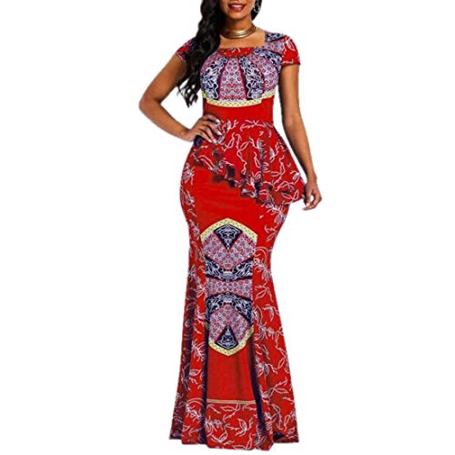 VERWIN Afrikanisches Kleid mit Flügelärmeln und quadratischem Ausschnitt, bodenlang, geometrisches Meerjungfrauen-Maxikleid (Medium, Rot) von VERWIN