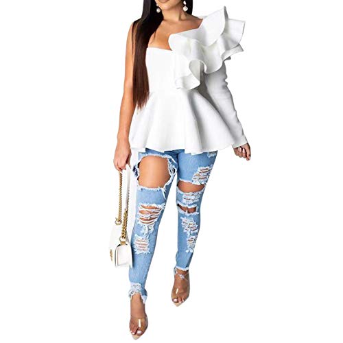 VERWIN Asymmetrisches Falbala Plain Mittellanges Langarm Damenbluse Backless Top Shirt Weiss XXL von VERWIN