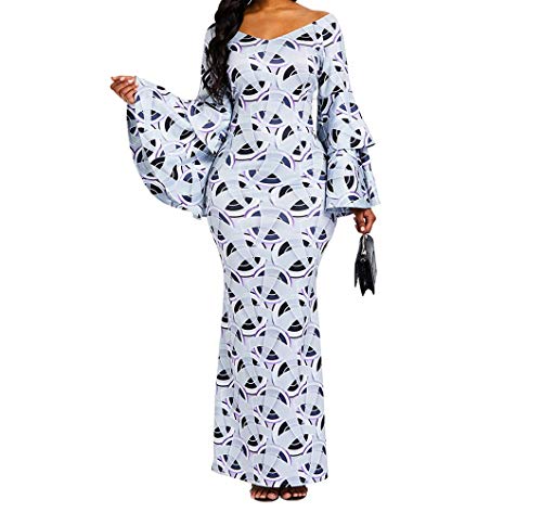 VERWIN Bodycon Kleid Fuer Frauen Rueschen Langarm Print Maxikleid Wickel Partykleid Langes Kleid XXL von VERWIN