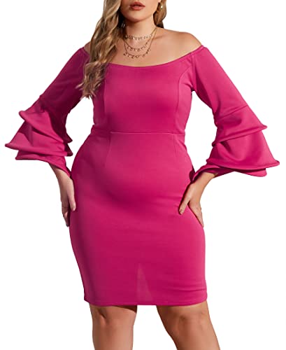 VERWIN Bodycon-Kleid in Übergröße, langärmelig, schulterfrei, Ballkleid für Damen, dehnbares Cocktailkleid, Rosa, 3X-Large Plus von VERWIN