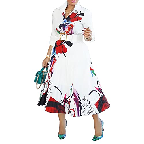 VERWIN Bow Collar Patchwork A-Linie Farbblock Damen Langarm Kleid Midi-Kleid (Medium, Weiß) von VERWIN