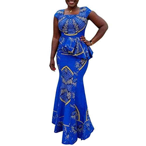 VERWIN Afrikanisches Kleid mit FL¨¹Gel?rmeln und quadratischem Ausschnitt, bodenlang, geometrisches Meerjungfrauen-Maxikleid Blau L von VERWIN