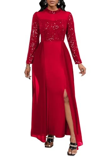 VERWIN Damen Bodycon Pailletten Kleid Mesh Chiffon Schulter Maxikleid Seitenschlitz Patchwork Overlay Kleid, Rot/Ausflug, einfarbig (Getaway Solids), Groß von VERWIN