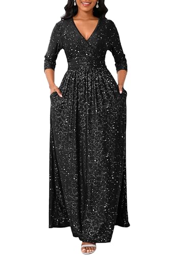 VERWIN Damen Glitzer V-Ausschnitt Kleid 3/4 Ärmel A-Linie Kleid Gesmokte Taille Maxikleid Flowy Lang Cocktailkleid mit Taschen, Schwarz , L von VERWIN