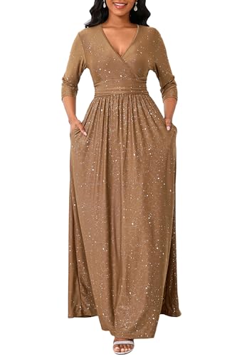 VERWIN Damen Glitzer V-Ausschnitt Kleid 3/4 Ärmel A-Linie Kleid Gesmokte Taille Maxikleid Flowy Lang Cocktailkleid mit Taschen, braun, L von VERWIN