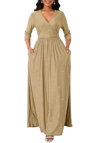 VERWIN Damen Glitzer V-Ausschnitt Kleid 3/4 Ärmel A-Linie Kleid Gesmokte Taille Maxikleid Flowy Lang Cocktailkleid mit Taschen, camel, M VERWIN Damen Glitzer V-Ausschnitt Kleid 3/4 Ärmel A-Linie Kleid Gesmokte Taille Maxikleid Flowy Lang Cocktailkleid mit Taschen, camel, M von VERWIN