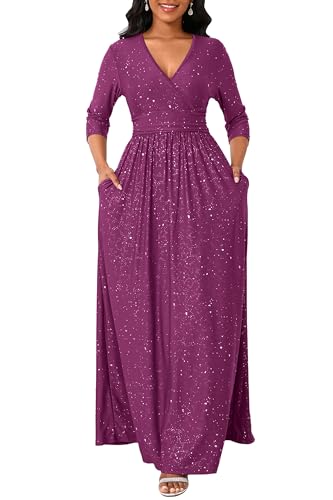 VERWIN Damen Glitzer V-Ausschnitt Kleid 3/4 Ärmel A-Linie Kleid Gesmokte Taille Maxikleid Flowy Lang Cocktailkleid mit Taschen, violett, L von VERWIN