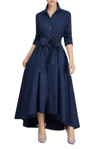 VERWIN Damen-Maxikleid, langaermelig, locker, elegant, Knopfleiste, Hemd, langes Kleid mit Taschen und Guertel Blau XL von VERWIN
