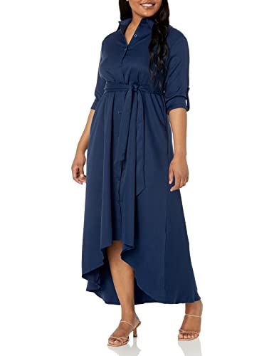 VERWIN Damen-Maxikleid, langaermelig, locker, elegant, Knopfleiste, Hemd, langes Kleid mit Taschen und Guertel Blau L von VERWIN