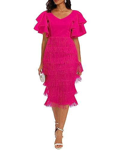 VERWIN Damen Maxikleid mit Fransen Hohe Taille V-Ausschnitt Tiered Quasten Kleid Rüschen Ärmel Bodycon Ballkleid L Rosa von VERWIN