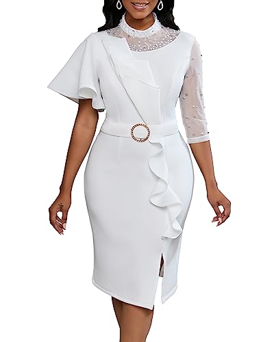 VERWIN Damen Mesh Patchwork Bodycon Midikleid mit Perlen Langarm Rüschen für Abschlussball und Party, weiß, M von VERWIN