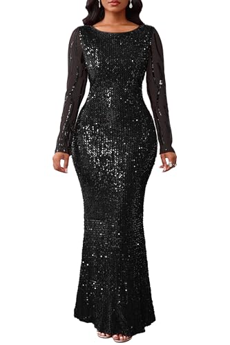 VERWIN Damen Pailletten Bodycon Rundhals Langarm Sparkly Meerjungfrau Maxikleid für Casual Party Cocktail, Schwarz, Mittel von VERWIN
