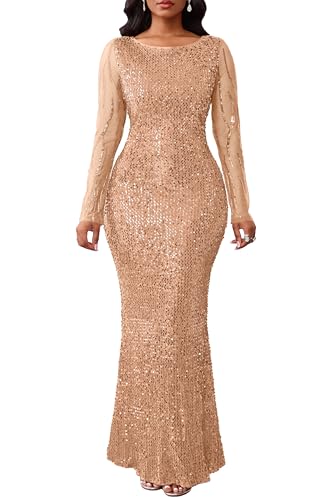 VERWIN Damen Pailletten Kleid Bodycon Kleid Rundhals Langarm Sparkly Meerjungfrau Maxikleid Casual Party Cocktailkleid, camel, L von VERWIN