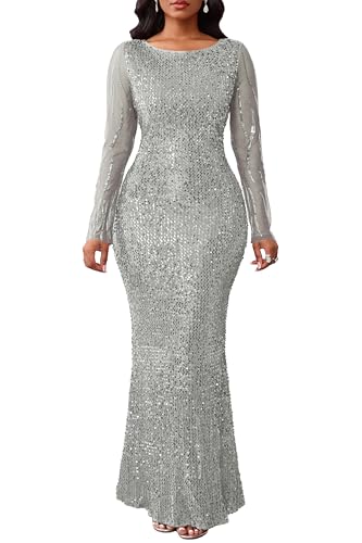 VERWIN Damen Pailletten Kleid Bodycon Kleid Rundhals Langarm Sparkly Meerjungfrau Maxikleid Casual Party Cocktailkleid, grau, XL von VERWIN
