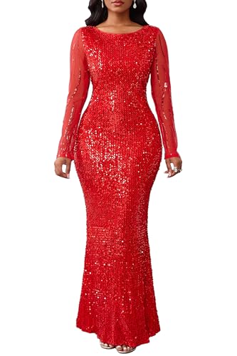 VERWIN Damen Pailletten Kleid Bodycon Kleid Rundhals Langarm Sparkly Meerjungfrau Maxikleid Casual Party Cocktailkleid, rot, XXL von VERWIN