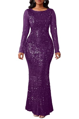 VERWIN Damen Pailletten Kleid Bodycon Kleid Rundhals Langarm Sparkly Meerjungfrau Maxikleid Casual Party Cocktailkleid, violett, XL von VERWIN