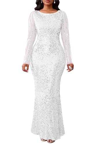 VERWIN Damen Pailletten Kleid Bodycon Kleid Rundhals Langarm Sparkly Meerjungfrau Maxikleid Casual Party Cocktailkleid, weiß, XXL von VERWIN
