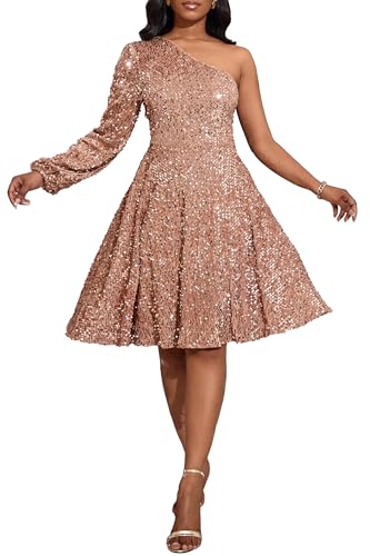 VERWIN Damen Pailletten Kleid One Shoulder Langarm Skaterkleid Ärmellos Midikleid Sparkly Casual Party Cocktailkleid, camel, M von VERWIN