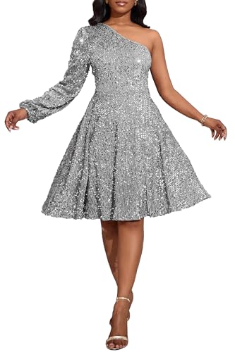 VERWIN Damen Pailletten Kleid One Shoulder Langarm Skaterkleid Ärmellos Midikleid Sparkly Casual Party Cocktailkleid, grau, XXL von VERWIN