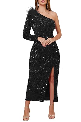 VERWIN Damen Paillettenkleid One Shoulder Bodycon Schrägkragen Maxikleid Sparkly Spilt Wrap Cocktailkleid, Schwarz , XL von VERWIN
