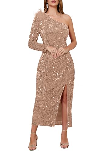 VERWIN Damen Paillettenkleid One Shoulder Bodycon Schrägkragen Maxikleid Sparkly Spilt Wrap Cocktailkleid, camel, XL von VERWIN