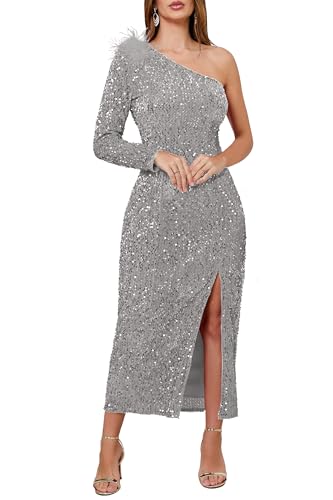 VERWIN Damen Paillettenkleid One Shoulder Bodycon Schrägkragen Maxikleid Sparkly Spilt Wrap Cocktailkleid, grau, M von VERWIN