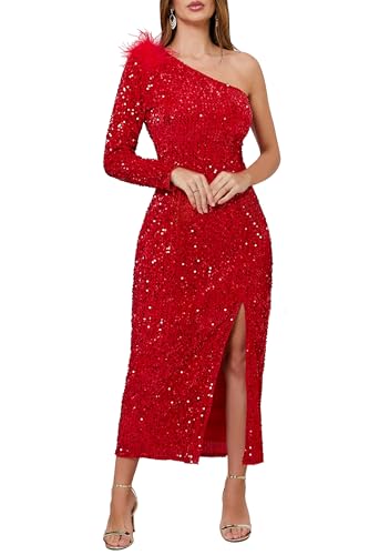 VERWIN Damen Paillettenkleid One Shoulder Bodycon Schrägkragen Maxikleid Sparkly Spilt Wrap Cocktailkleid, rot, XL von VERWIN