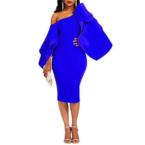 VERWIN Bodycon Kleid für Damen Langarm Knielang Rüschenärmel Schulterfrei Abendkleid, blau, L von VERWIN