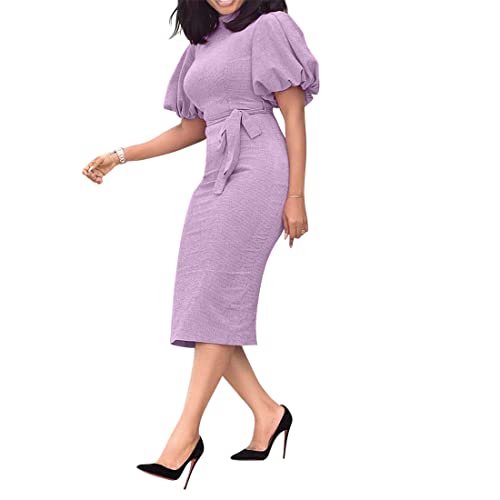 VERWIN Figurbetontes Kleid mit Stehkragen, kurze Ärmel, wadenhoch, Laternenärmel, violett, X-Groß von VERWIN