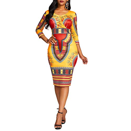 VERWIN Mid-Calf V-Ausschnitt Dreiviertel-Aermel Print Damen Bodycon Kleid Afrikanisches Midikleid Gold XXL von VERWIN