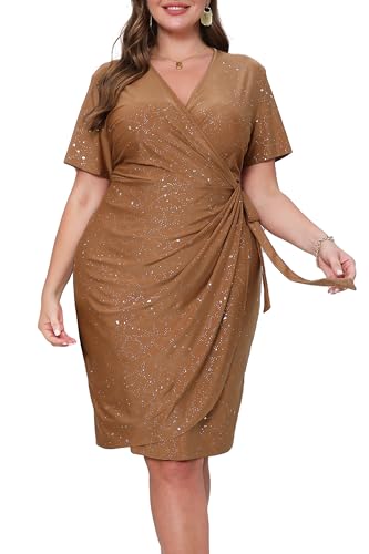 VERWIN Kleid in Übergröße, V-Ausschnitt, Gürtel, kurze Ärmel, Rüschenkleid, Glitzer, gerüscht, figurbetontes Kleid, glitzernd, Party, Abend, Cocktail, Midikleid, braun, XXL Große Größen VERWIN Kleid in Übergröße, V-Ausschnitt, Gürtel, kurze Ärmel, Rüschenkleid, Glitzer, gerüscht, figurbetontes Kleid, glitzernd, Party, Abend, Cocktail, Midikleid, braun, XXL Große Größen von VERWIN