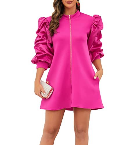 VERWIN Kleid mit Rüschenärmeln, Reißverschluss vorne, Ballkleid, modisch, Cocktail-Stehkragen, Partykleid, locker, lässiges Midikleid, Rosa, M von VERWIN