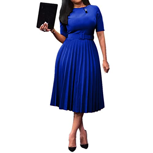 VERWIN Kurzarm-Maxikleid für Fraün mit rundem Hals, Plissee-Kleid mit glattem Gürtel (Medium, Blau) von VERWIN