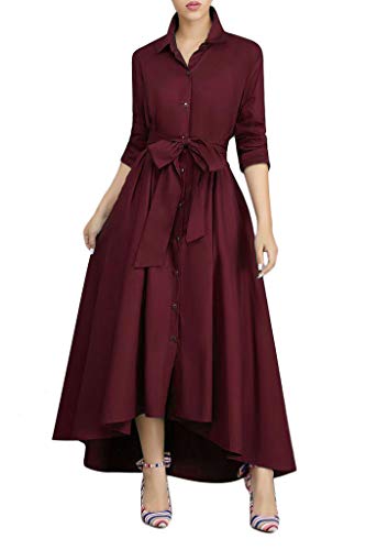 VERWIN Langärmeliges Damen-Maxikleid, locker, elegant, Knopfleiste, langes Kleid mit Taschen und Gürtel, rot, L von VERWIN