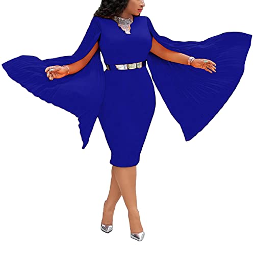 VERWIN Langarm Rundhals Patchwork Einfarbig Damen Bodycon Kleid Flare Sleeve Midi Kleid, Blau, X-Groß von VERWIN