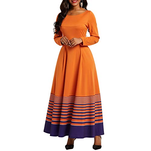 VERWIN Mid-Calf Langarm Pocket Stripe Damen Kleider A-Linie Pullover Partykleid, Orange, L von VERWIN