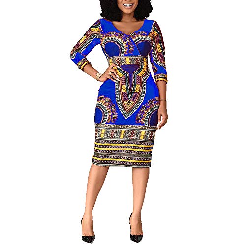 VERWIN Mid-Calf V-Ausschnitt Dreiviertel-Aermel Print Damen Bodycon Kleid Afrikanisches Midikleid Blau XXL von VERWIN