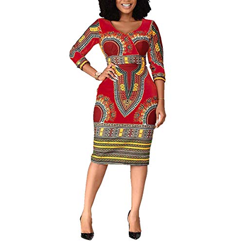 VERWIN Mid-Calf V-Ausschnitt Dreiviertel-Aermel Print Damen Bodycon Kleid Afrikanisches Midikleid Rot XL von VERWIN