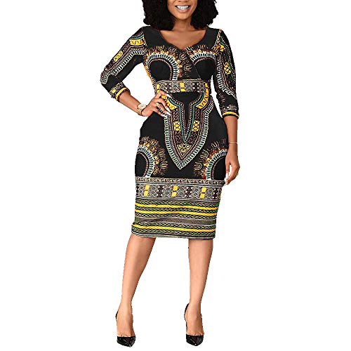 VERWIN Mid-Calf V-Ausschnitt Dreiviertel-Aermel Print Damen Bodycon Kleid Afrikanisches Midikleid Schwarz L von VERWIN