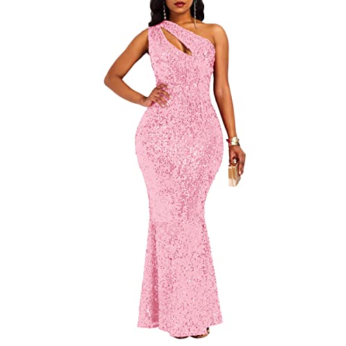 VERWIN Pailletten-Maxikleid für Damen, ärmellos, schräger Kragen, figurbetontes Kleid, Partykleid, Pink, XX-Large VERWIN Pailletten-Maxikleid für Damen, ärmellos, schräger Kragen, figurbetontes Kleid, Partykleid, Pink, XX-Large von VERWIN