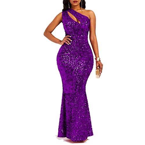 VERWIN Pailletten Mode ärmellose schräge Kragen Meerjungfrau Frauen Maxikleid Bodycon Kleid Partykleid, Violett, X-Groß von VERWIN