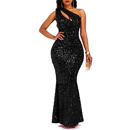 VERWIN Pailletten Mode Ärmellos Schrägkragen Meerjungfrau Damen Maxikleid Bodycon Kleid Party Kleid, Schwarz , Medium von VERWIN