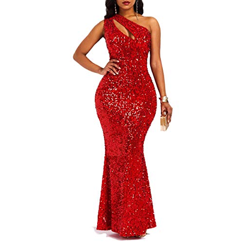 VERWIN Pailletten Mode Ärmellos Schrägkragen Meerjungfrau Damen Maxikleid Bodycon Kleid Party Kleid, rot, X-Large von VERWIN