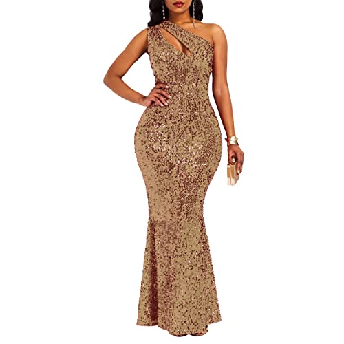 VERWIN Pailletten Mode Ärmellos Schrägkragen Meerjungfrau Damen Maxikleid Bodycon Kleid Party Kleid, CAMEL, Mittel von VERWIN